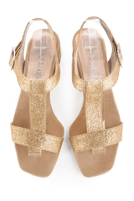 Gold and tan beige women's fully open sandals, with an instep strap. Square toe. Low flare heels. Top view - Florence KOOIJMAN